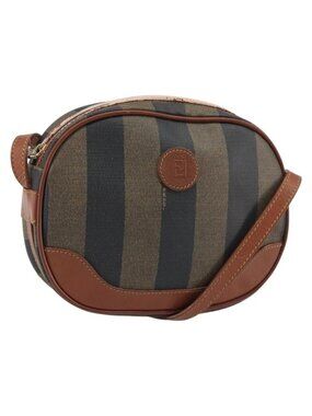 Authentic FENDI Pecan Canvas Shoulder Bag PVC Black Brown gold